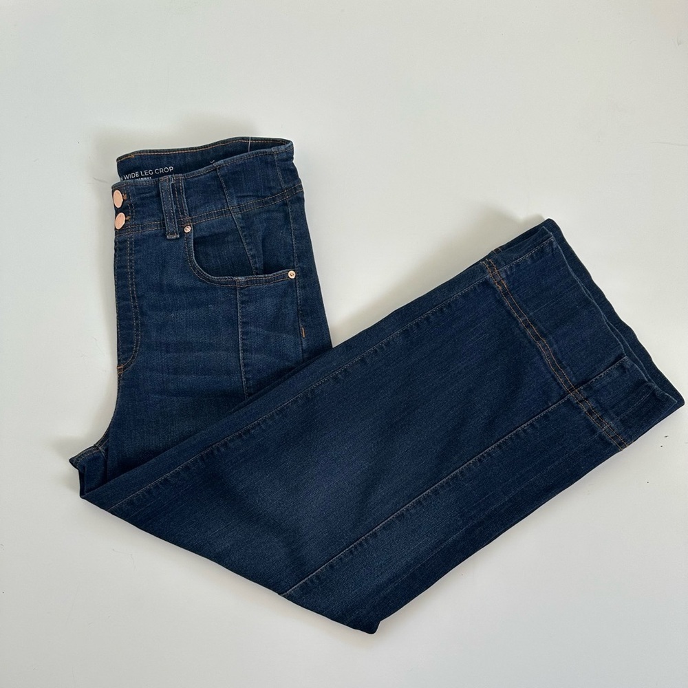 Chico's Dark Blue Flare Jeans on ware leg size 6